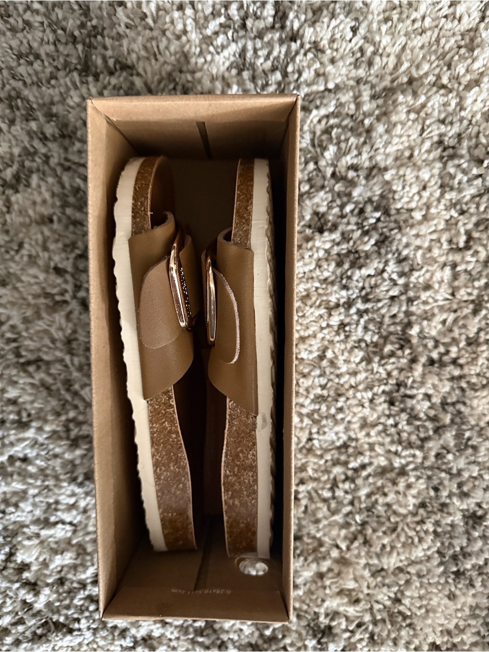 Women's Tan Slide Sandals with Gold Buckle - Picture 3 of 5